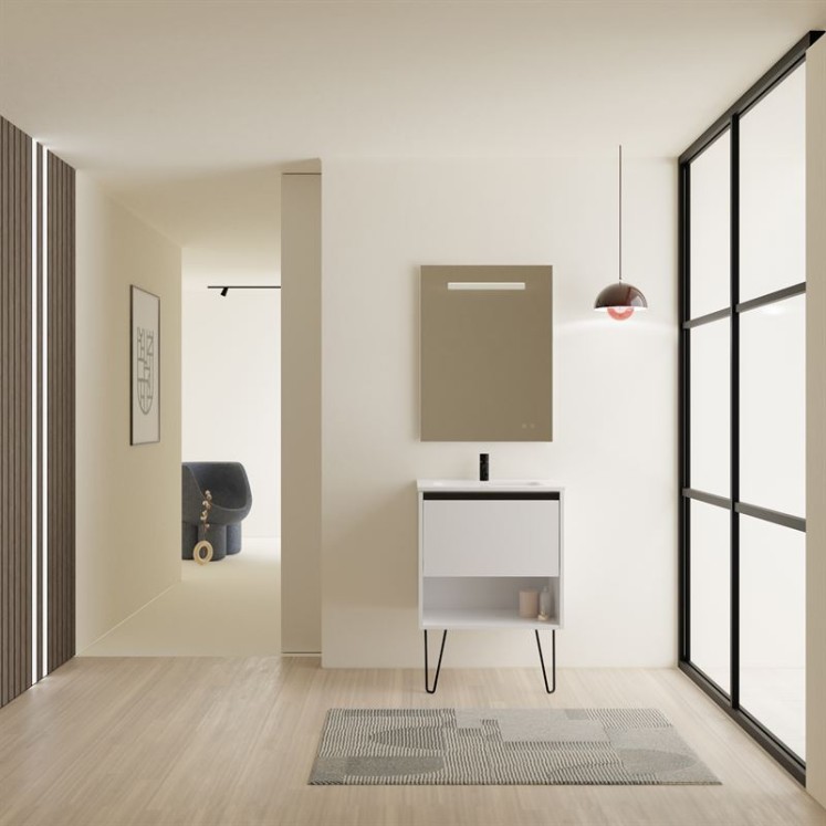 Mueble de baño YOKO  de 60 cms con 1 cajón y 1 hueco. Acabado en Blanco Brillo | Incluye lavabo cerámico .